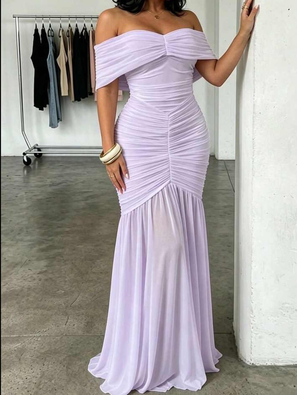 Off-Shoulder Purple Ruched Maxi Dress